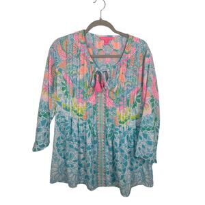 Lilly Pulitzer Pin Tuck Blouse Size Medium Tropical Print Tunic Flowy Preppy